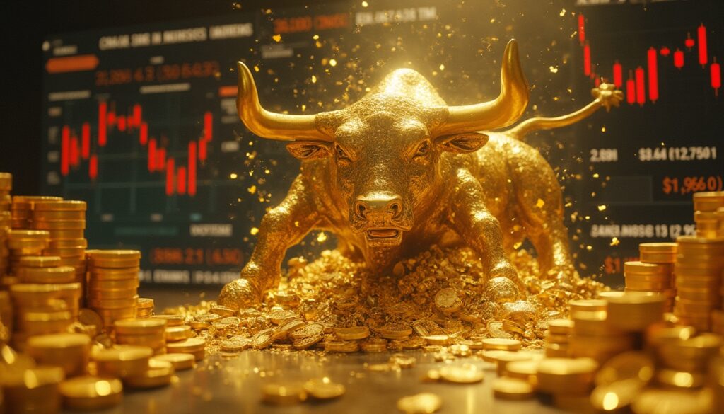 Golden bull surrounded by coins, financial graphs in background.