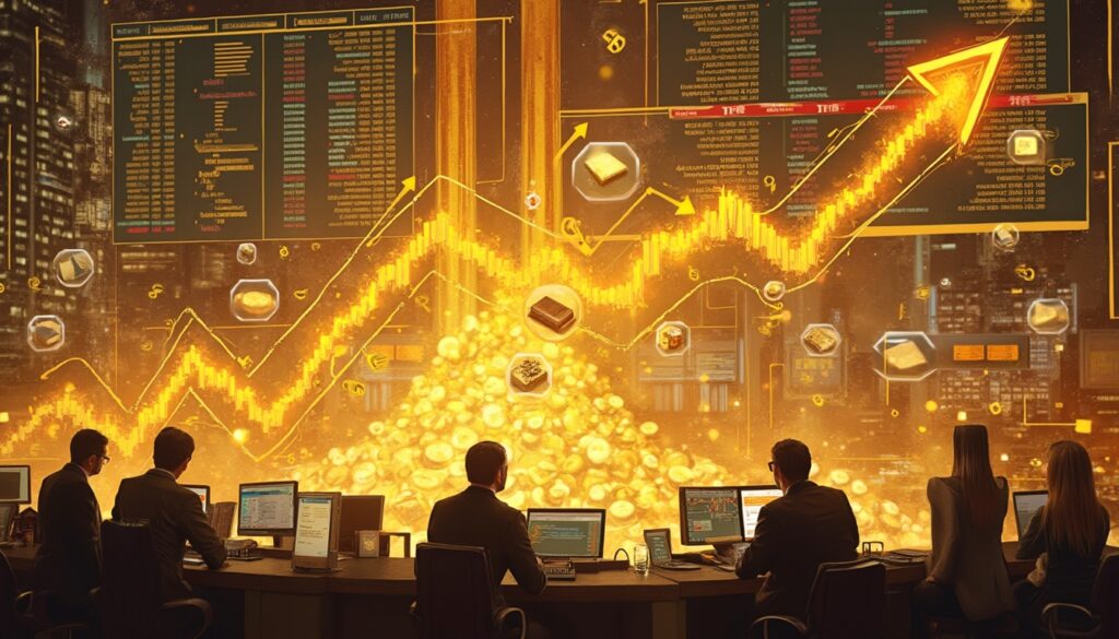 Traders analyzing cryptocurrency charts with a rising arrow and digital currency symbols.