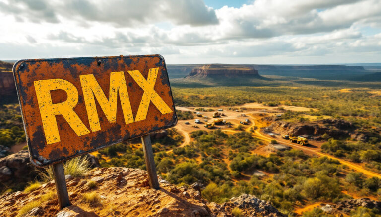 Red Mountain Mining Ltd-RMX-Rustic sign with "RMX" in front of a vast desert landscape and distant mountains.