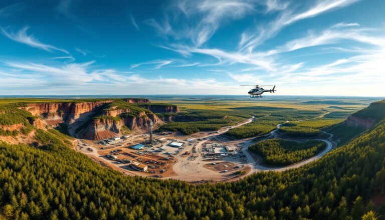 Red Mountain Mining Ltd-RMX-Aerial view of a helicopter flying over a vast forest landscape with cliffs and an industrial site.