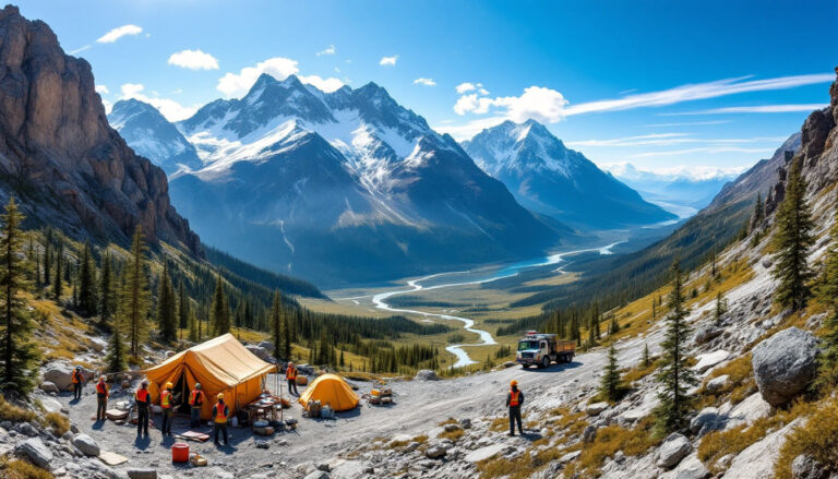 Renegade Exploration Ltd-RNX-Campers near orange tents in a mountainous landscape with a winding river under a clear blue sky.