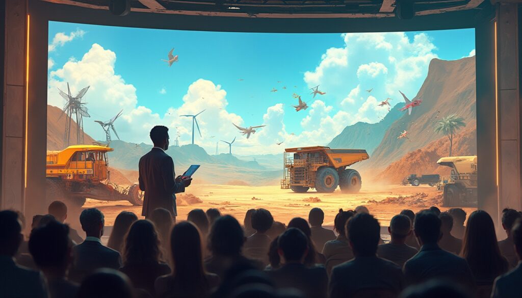 Audience watches futuristic desert scene with wind turbines and flying vehicles on a large screen.