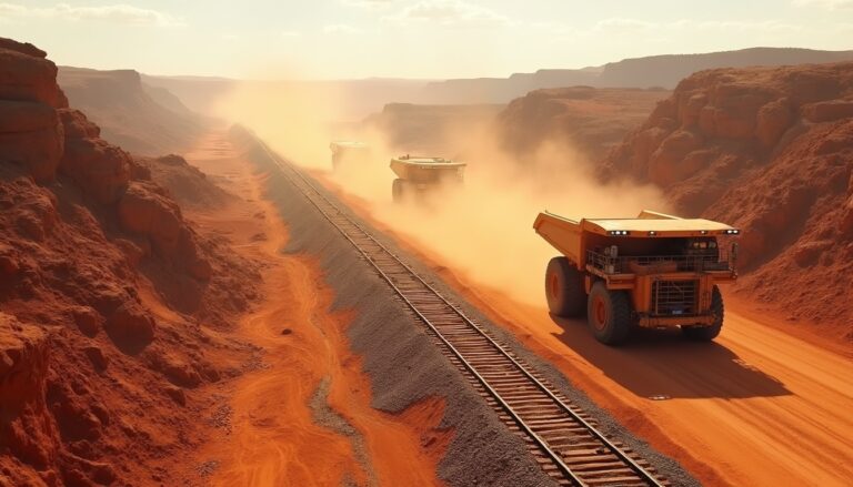 Mining trucks in arid landscape.