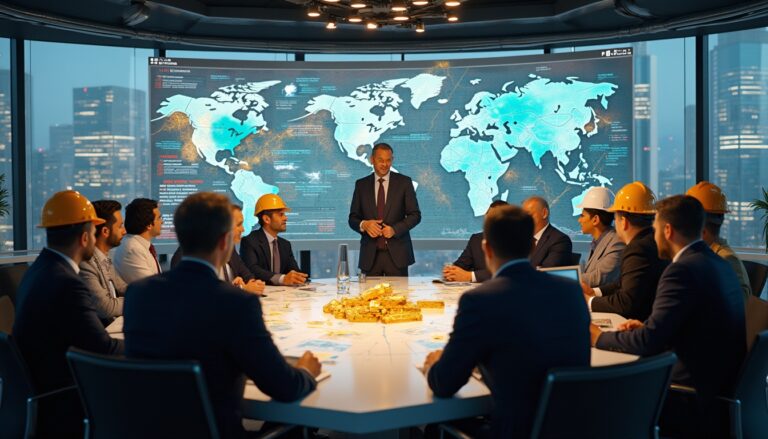 Business meeting with a world map screen, people in suits and hard hats, gold bars on the table.