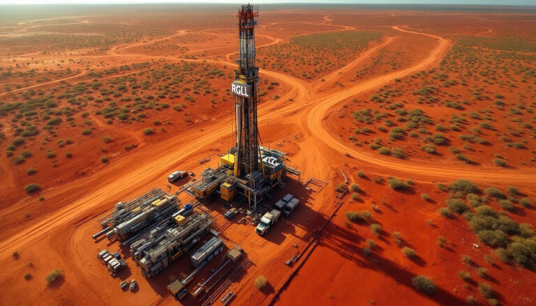 Riversgold Ltd-RGL-Oil rig situated in a vast, arid desert landscape with red soil and sparse vegetation.