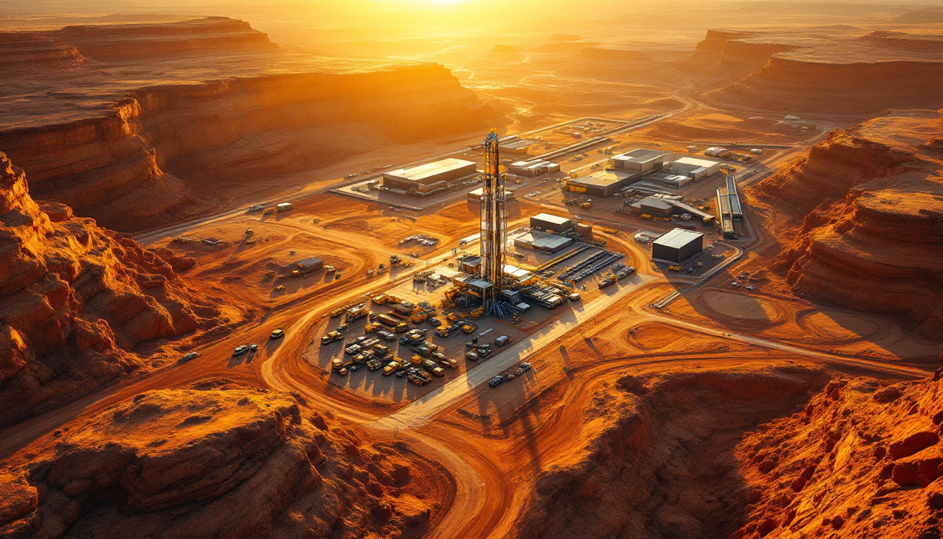 Riversgold Ltd-RGL-Sunset over an oil rig and industrial site in a desert canyon landscape.