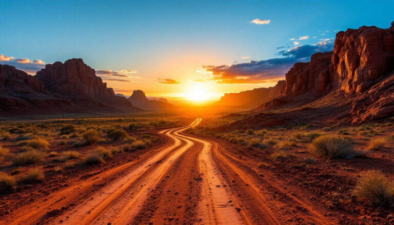 Riversgold Ltd-RGL-Sunset over a desert landscape with a winding dirt road and majestic rock formations.