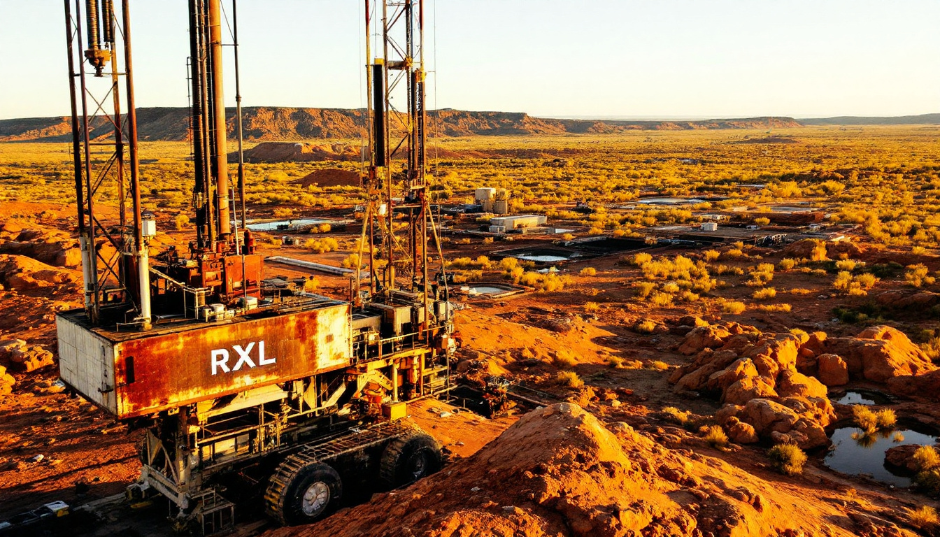 ROX Resources Ltd-RXL-Desert landscape with a large drilling rig labeled "RXL" and scattered industrial structures nearby.