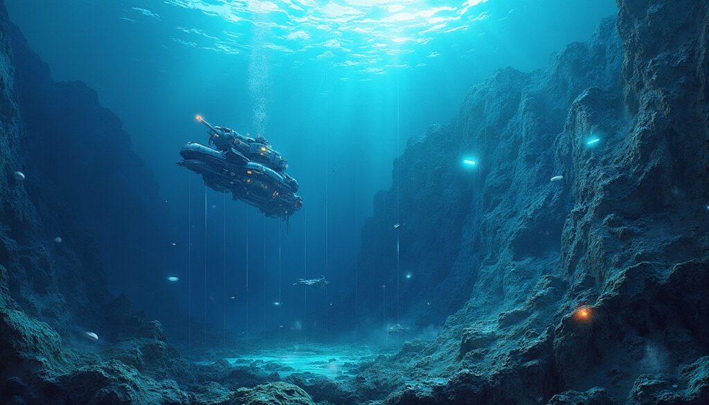 Futuristic submarine exploring a deep, rocky underwater canyon, softly illuminated by blue light.