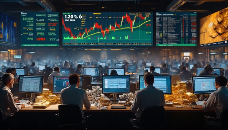 Busy trading floor with monitors, traders, and stacked gold bars under financial graphs and data screens.