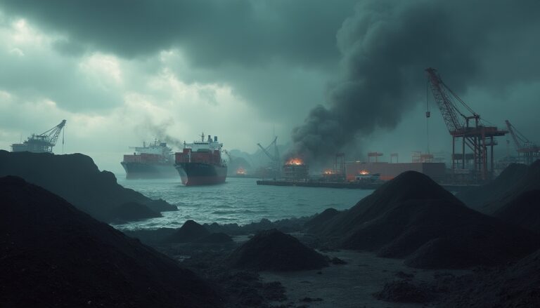 Cargo ships and smoke rise from an industrial port under dark, cloudy skies with heavy machinery present.