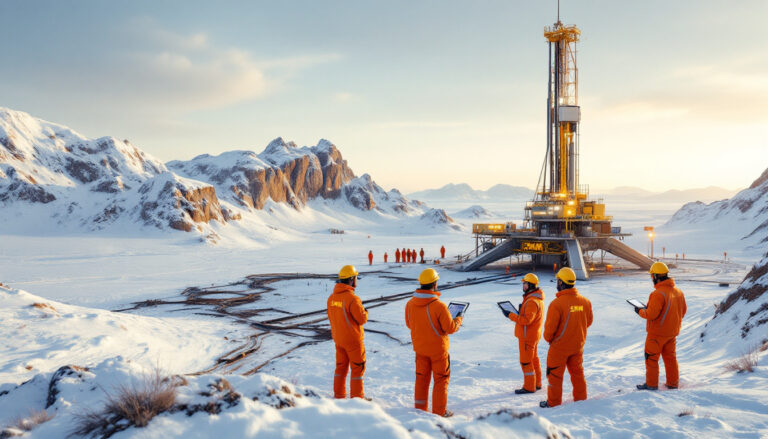 Somerset Minerals Ltd-SMM-Workers in orange gear at a snowy drilling site with mountains in the background.