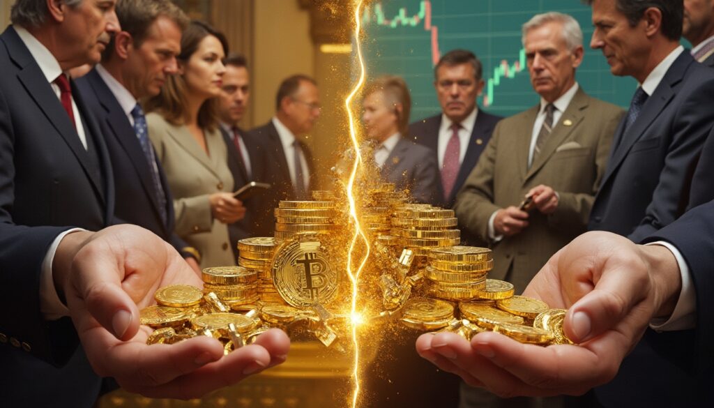 Two hands holding gold bitcoins with a digital chart and people in business attire in the background.