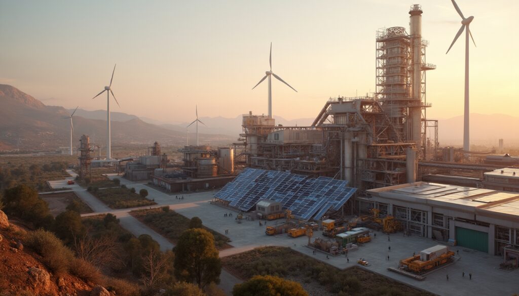 Industrial facility with solar panels, wind turbines, and mountains in the background at sunset.