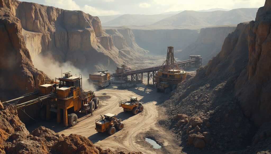 Industrial mining site with large machinery and rocky terrain under a cloudy sky.