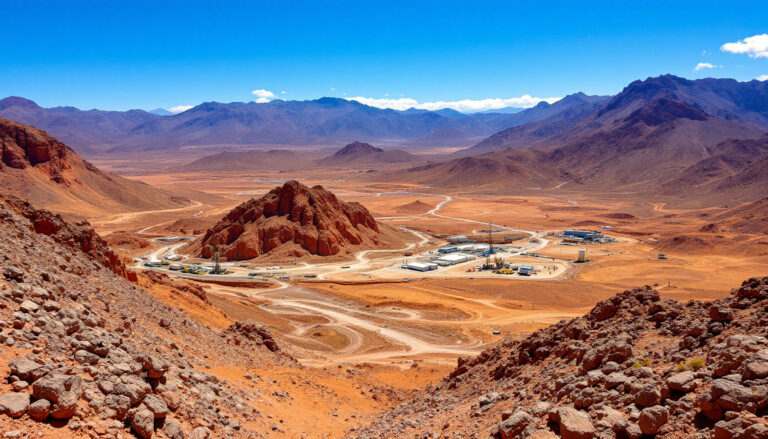 Southern Hemisphere Mining Ltd-SUH-Desert landscape with rocky hills, a distant facility, and mountains under a bright blue sky.