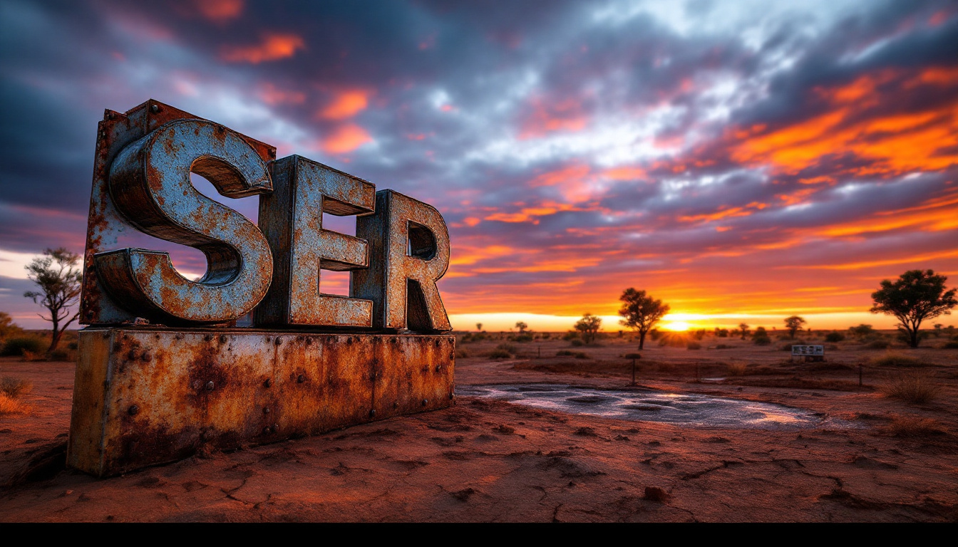 Strategic Energy Resources Ltd-SER-Rusty "SER" sign in desert landscape with a vibrant sunset sky.