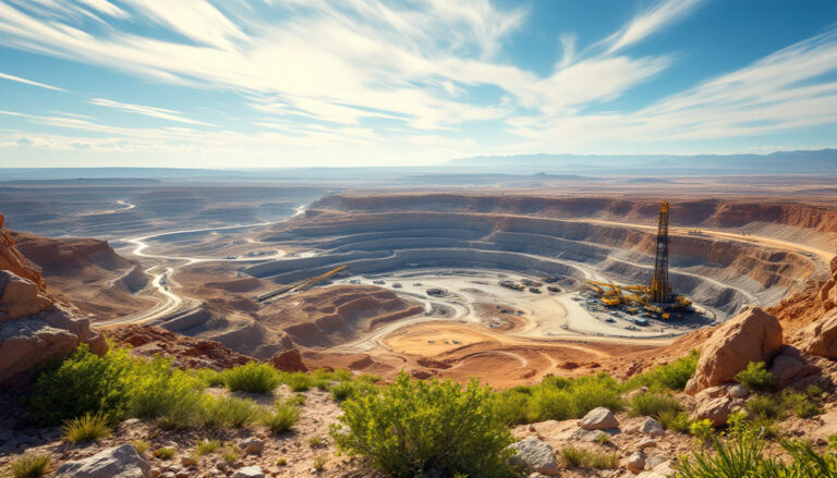 Superior Resources Ltd-SPQ-A vast open-pit mine with machinery and terraced layers under a partly cloudy sky.