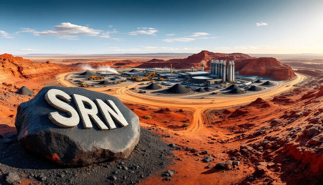 Surefire Resources NL-SRN-Industrial facility in a red desert landscape with "SRN" on a large foreground rock.