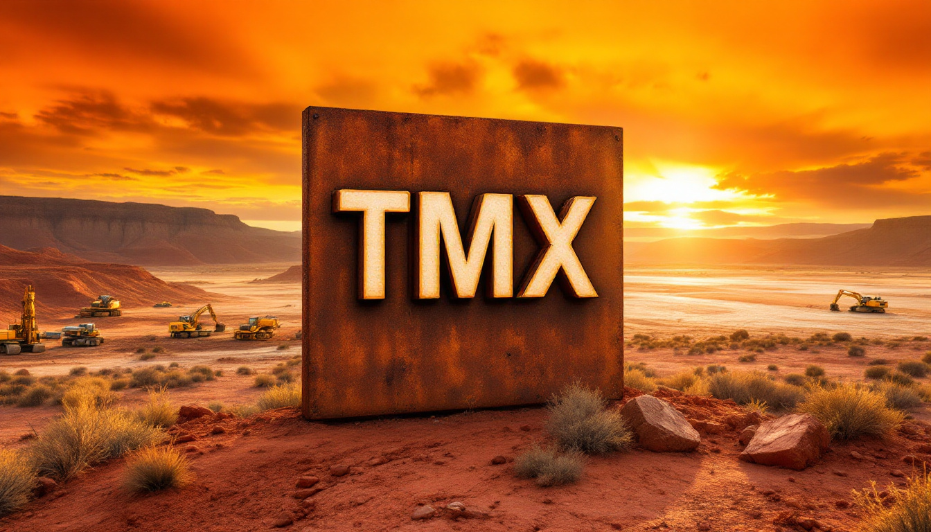 Terrain Minerals Ltd-TMX-Rusty TMX sign in a desert landscape with construction vehicles at sunset.