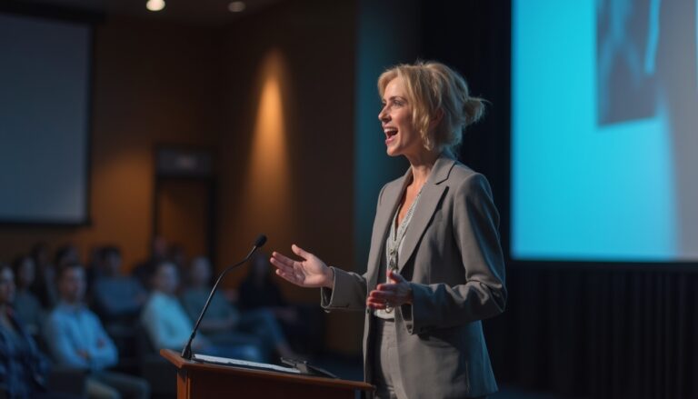 Woman speaking passionately at a podium during a presentation, audience blurred in the background.