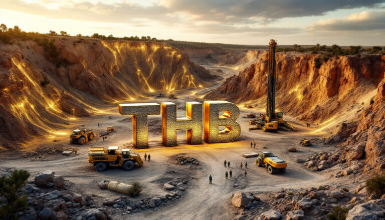 Thunderbird Resources Ltd-THB-Giant golden "THB" letters in a rocky quarry, surrounded by construction vehicles and workers.