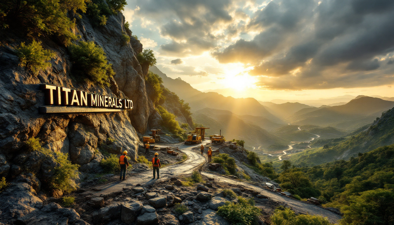 Titan Minerals Ltd-TTM-Mining site on a mountain road at sunset, workers and machinery visible, "TITAN MINERALS LTD" sign.