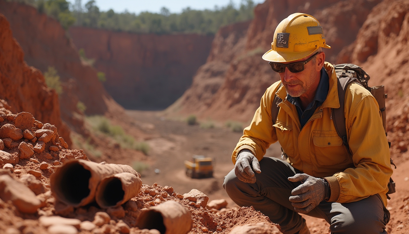 Miner inspecting copper pipes in quarry.