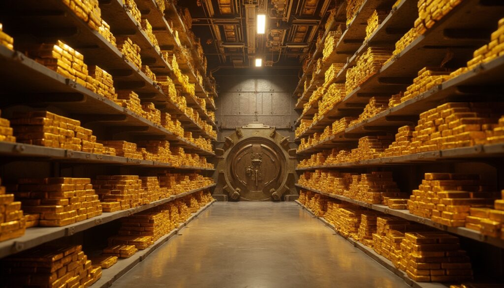 A dimly lit gold vault with stacked gold bars and a large circular vault door at the end.