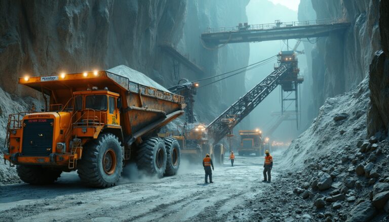 Huge trucks and machinery operate in a rocky mining site, with workers in orange safety vests.