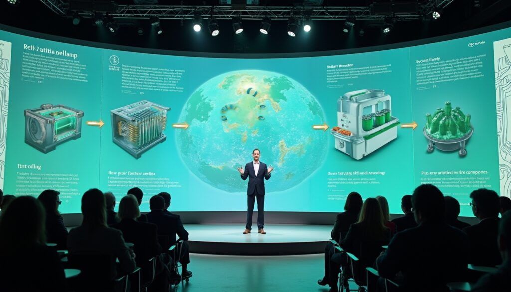 Man presenting futuristic technology on stage with infographic in the background.