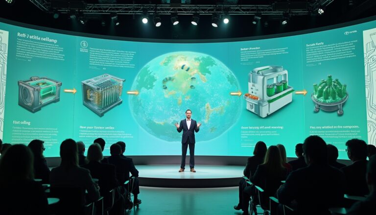 Man presenting futuristic technology on stage with infographic in the background.