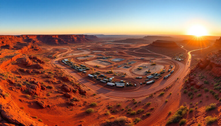 Trek Metals Ltd Chess Depositary Interests 1:1-TKM-Desert landscape at sunrise, with red rock formations and a circular arrangement of vehicles.