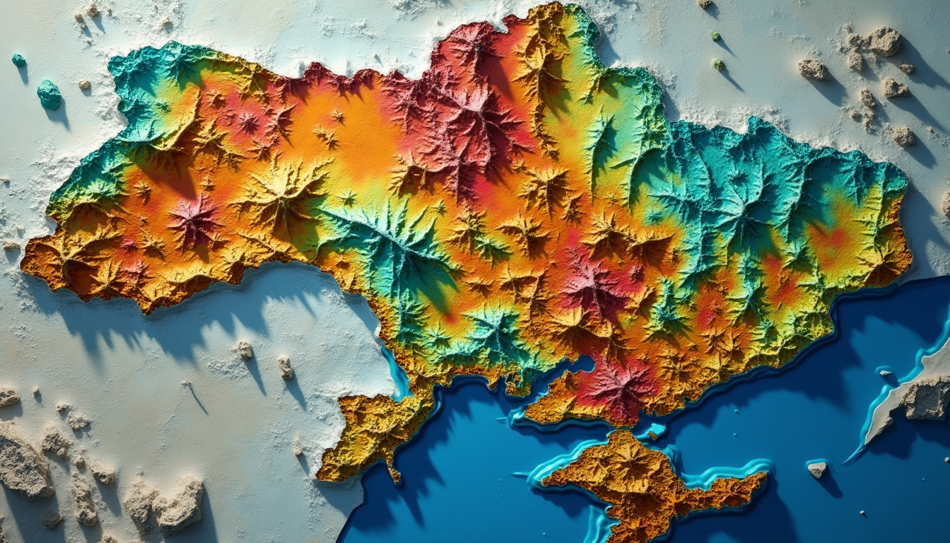 Colorful physical relief map depicting Ukraine's topography.