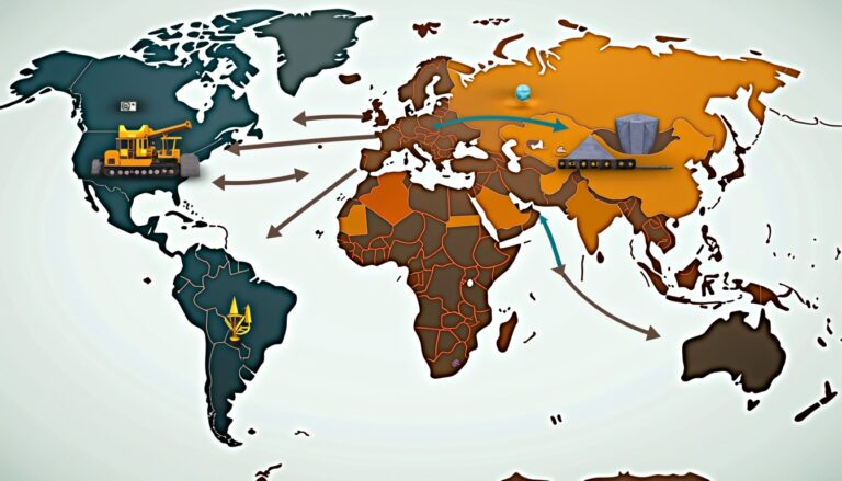 World map illustrating global trade flows with arrows and industrial icons.