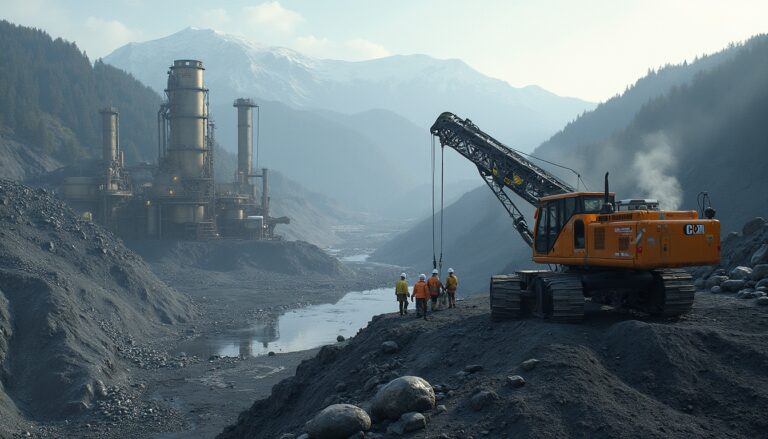 Construction crew and excavator by an industrial plant in a mountainous, misty landscape.