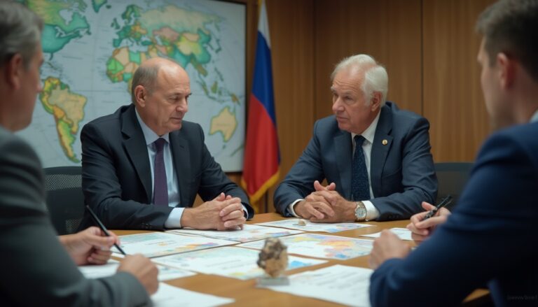 Men in suits having a meeting at a table with maps, Russian flag and world map in the background.