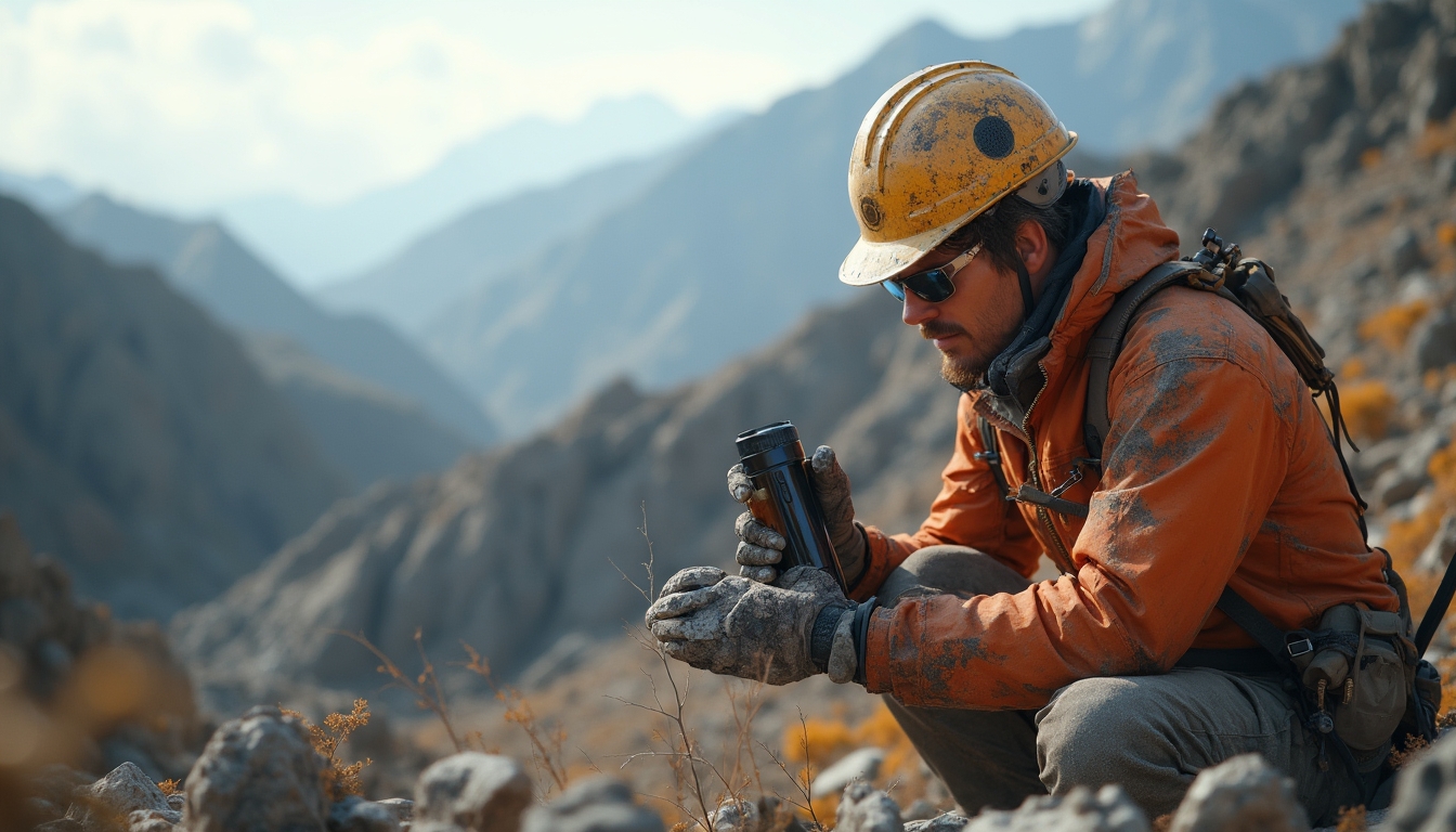 Geologist examining rocks, mountain backdrop.