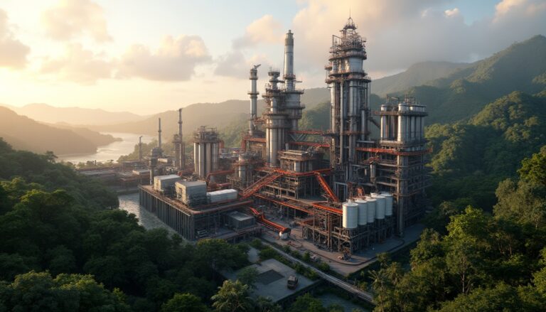 Nickel plant in lush Indonesian landscape.