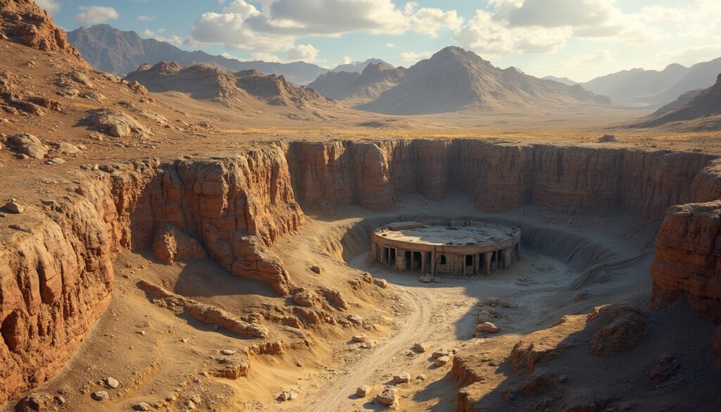 Desert excavation site with ancient structure.