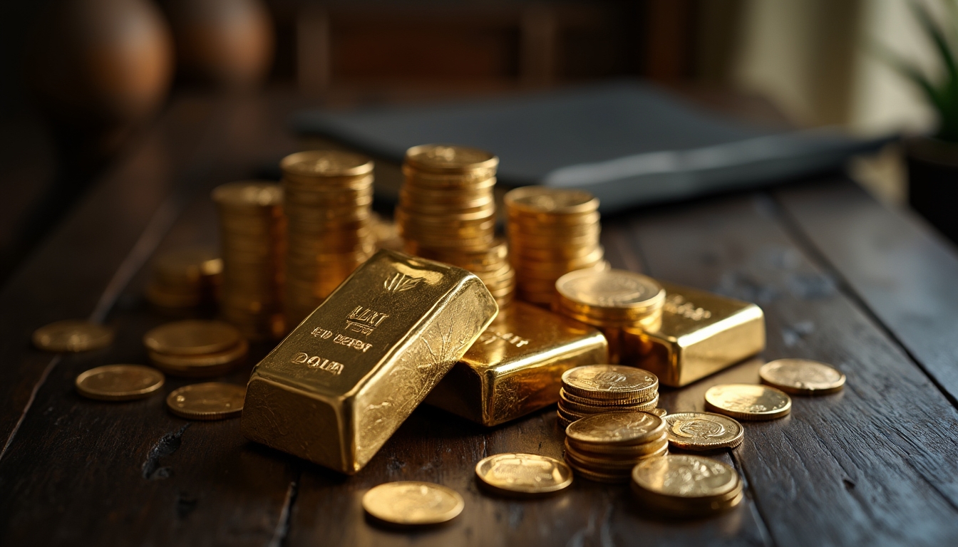 Gold bars and coins on table.