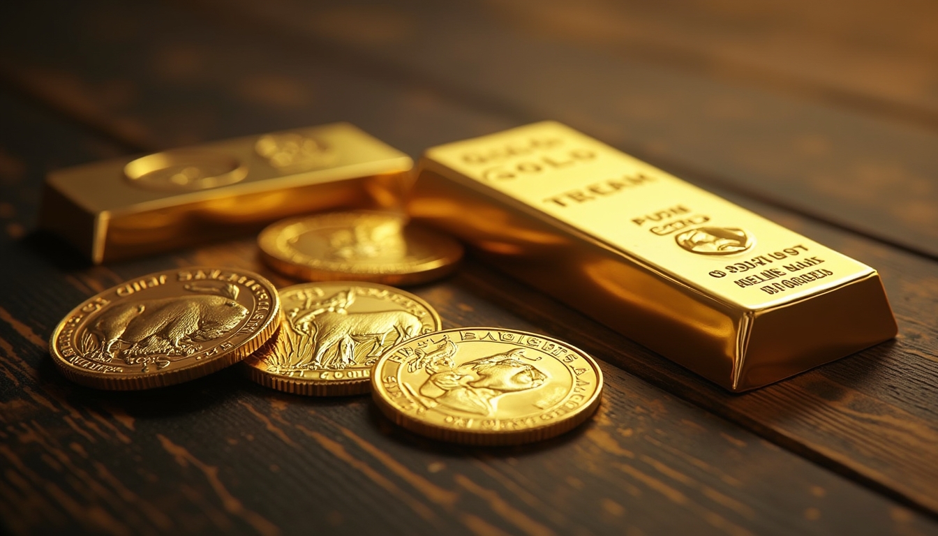 Gold bars and coins on table.