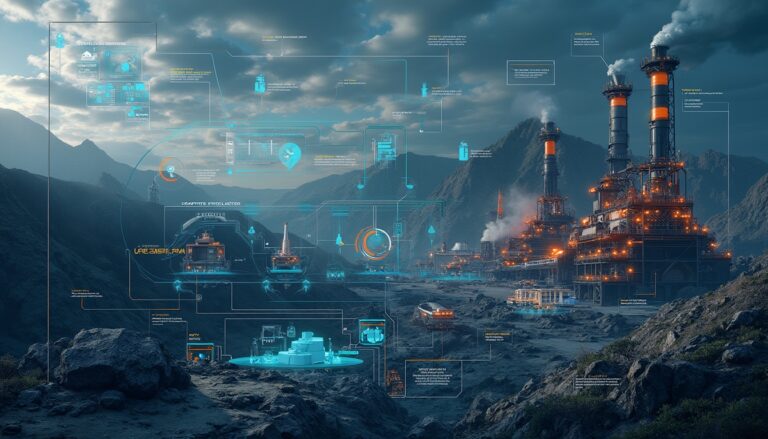 Futuristic factory with digital data overlays.