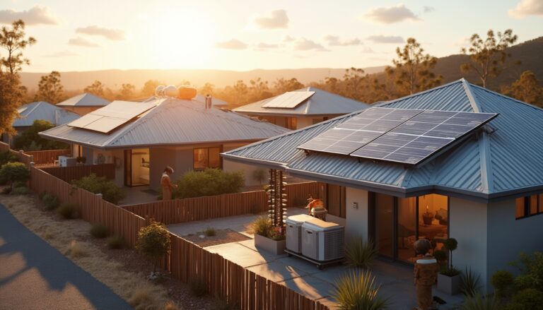 Solar-powered homes under sunset glow.