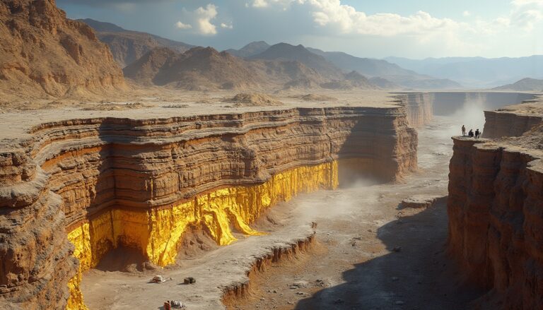 Rugged canyon revealing golden deposits.