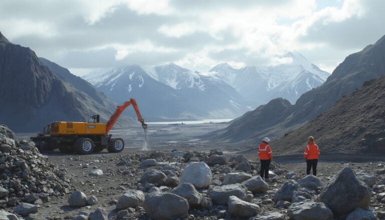 Excavator in rocky landscape with workers and snow-capped mountains in the background.