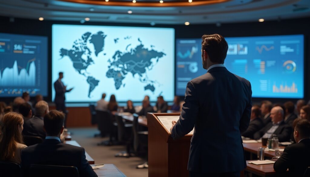 Man presenting to a conference room with data and world map on screens.