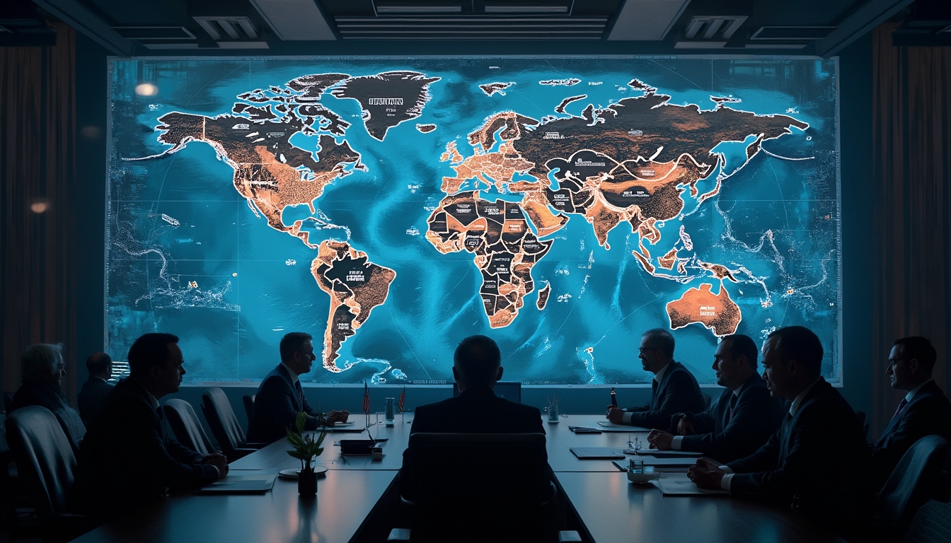 A group of people sitting in a conference room with a large world map displayed on the screen.