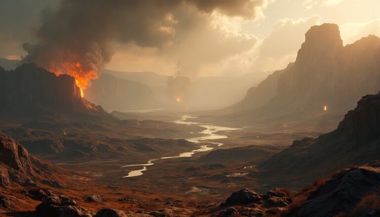 Valara landscape with fiery volcanic eruptions.