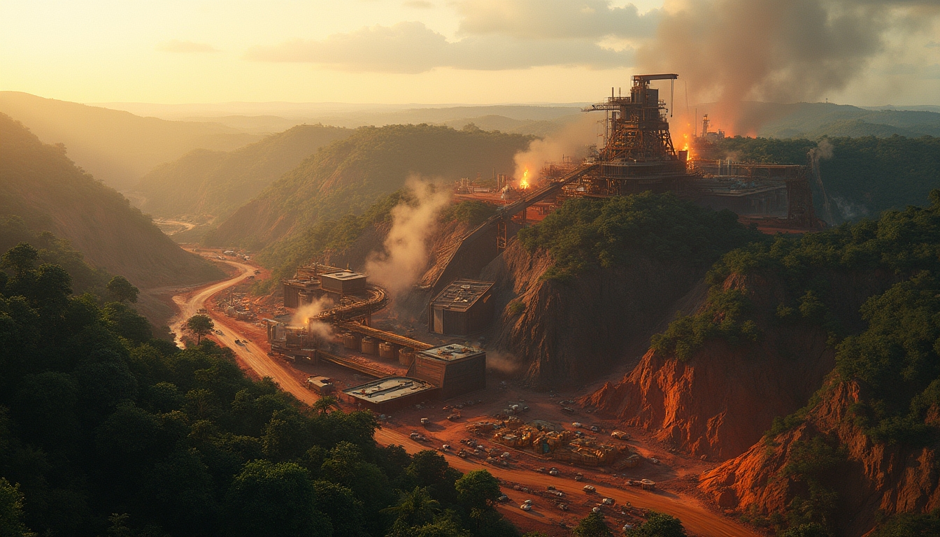 Factory with smoke and fire surrounded by green hills, at sunset.